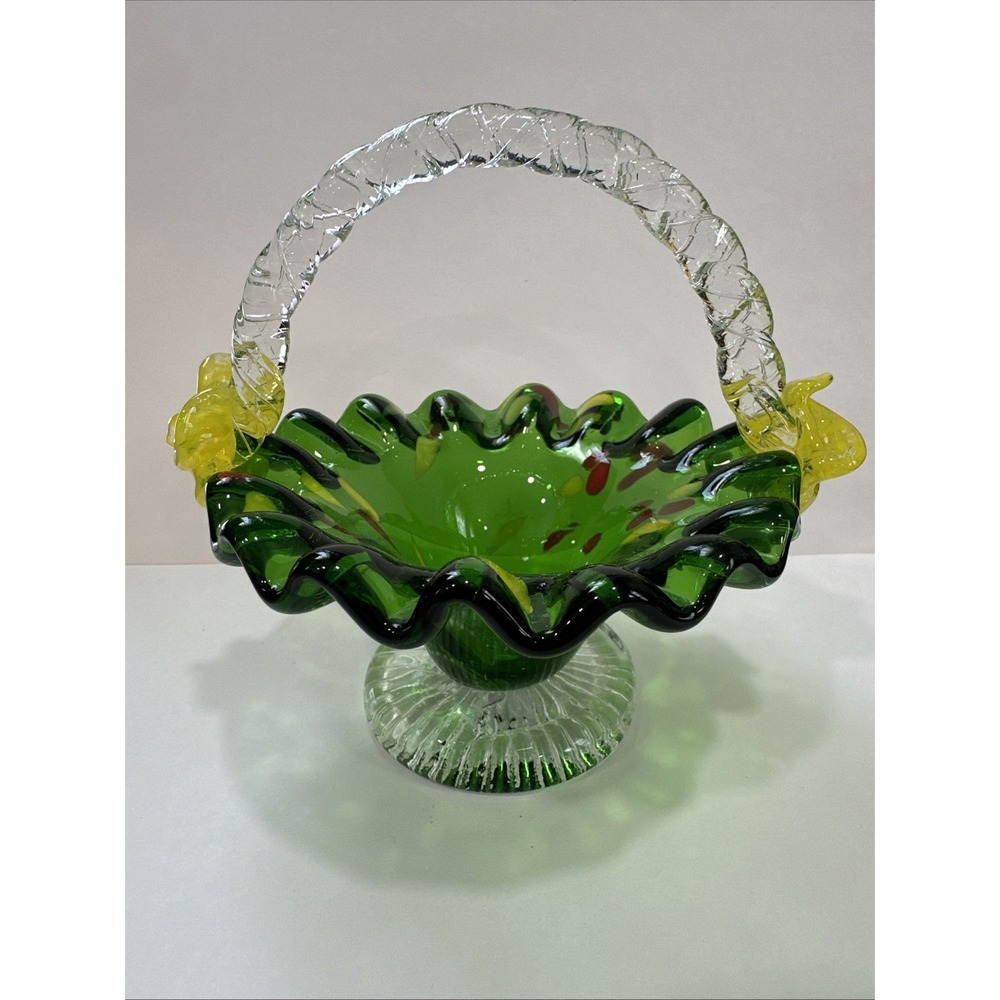 Vintage Hand Blown Art Glass Basket Emerald Green Confetti Ruffled Yellow 5.5"